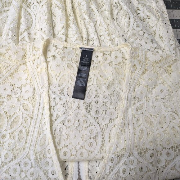 Chicos Sheer Lace Peplum Top Size M Zip Up Bell Sleeve Floral Feminine Romantic - Picture 8 of 11